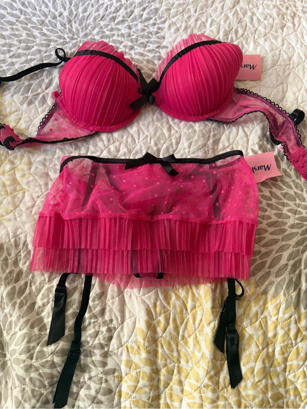 Native Hot Pink Pleated Lace Bra & Garter Skirt Set with Black Trim